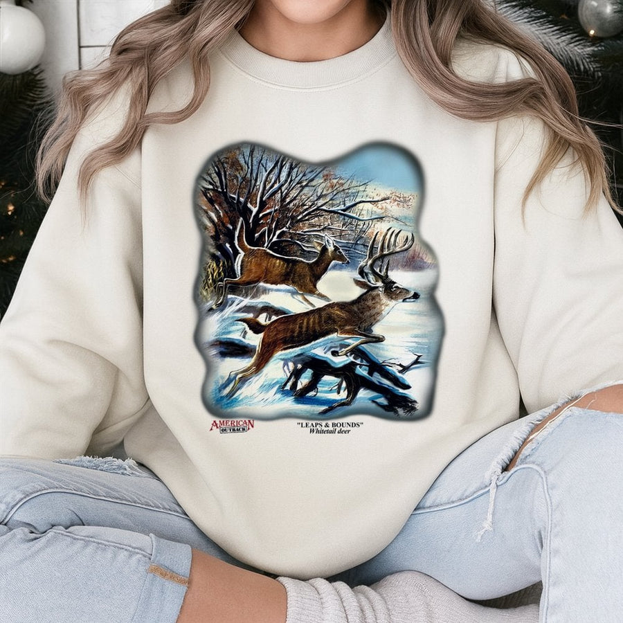 Whitetail Deer Sweatshirt | Leaping Buck Wildlife Art Design | Premium Cotton Blend Crewneck | Outdoor Nature Lover Hunting Gift