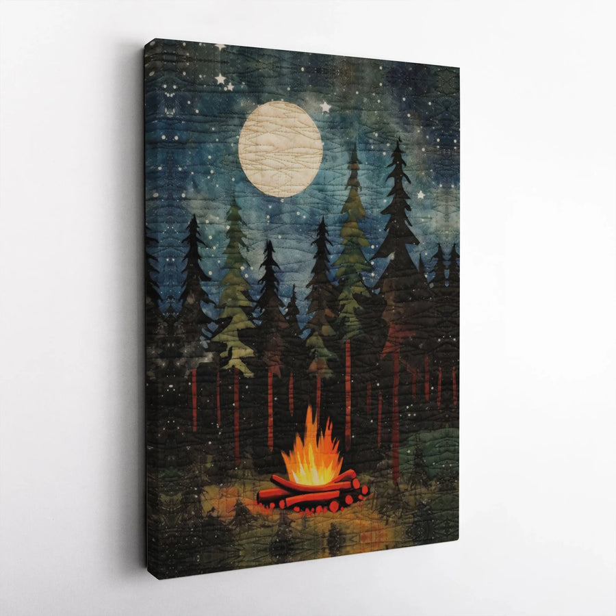 Forest Campfire Canvas Art | Quilted Midnight Pine Tree Landscape | Premium Fade-Resistant Wall Decor | Cozy Cabin Bedroom Gift