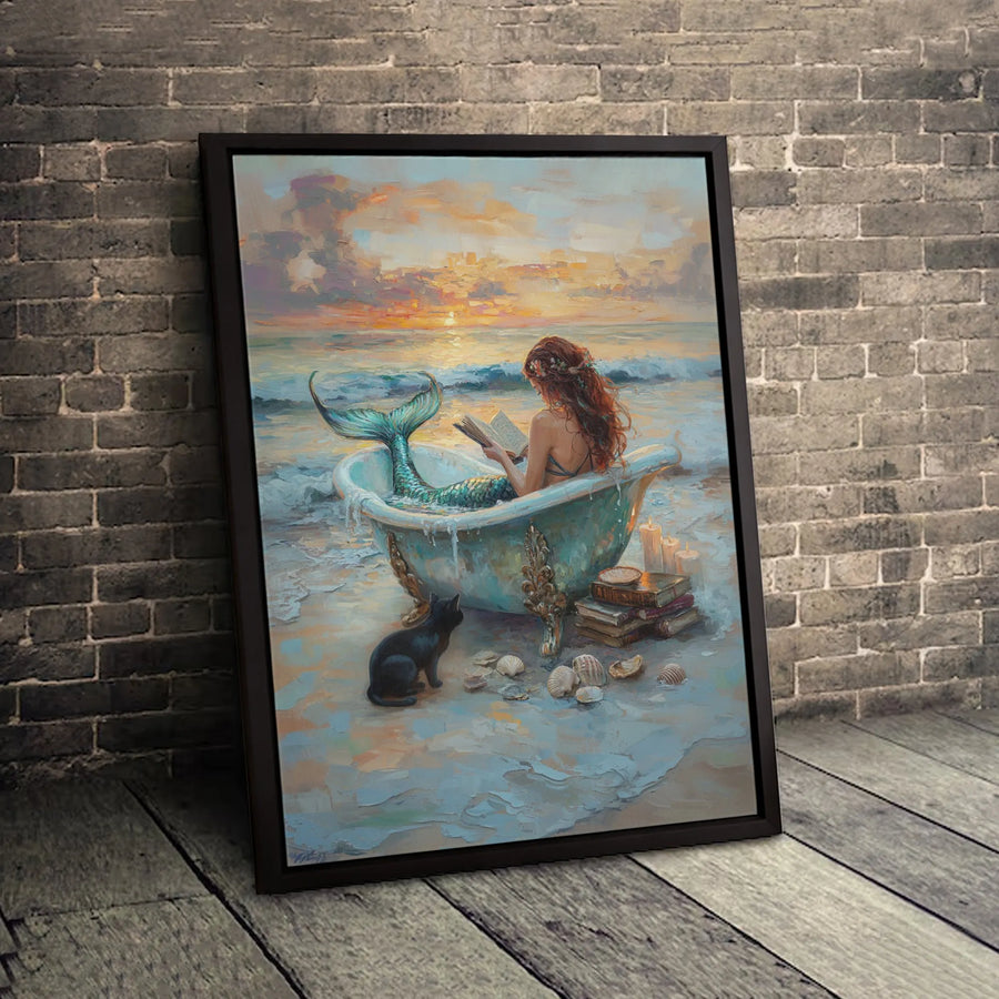 Mermaid Wall Art | Whimsical Reading Mermaid in Bathtub Canvas | Premium Fade-Resistant Gallery Wrap | Gift for Book Lovers and Ocean Decor