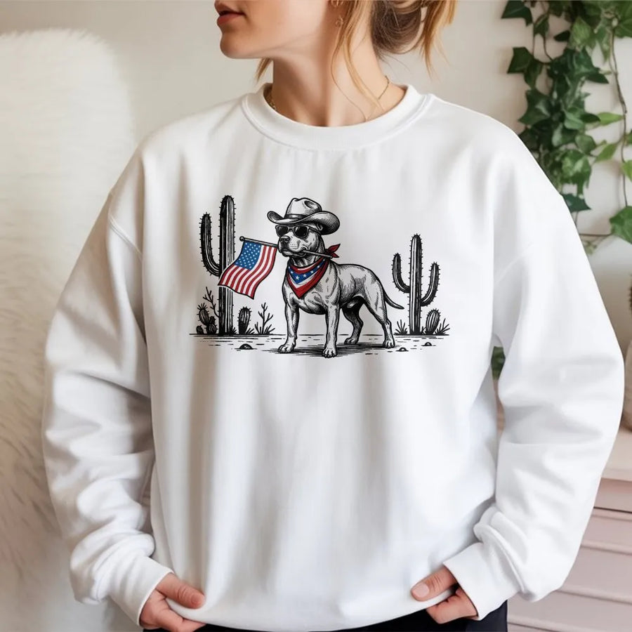 Patriotic Cowboy Dog Sweatshirt | American Flag Pitbull Graphic | Premium Cotton-Blend Pullover | 4th of July Gift for Dog Lovers
