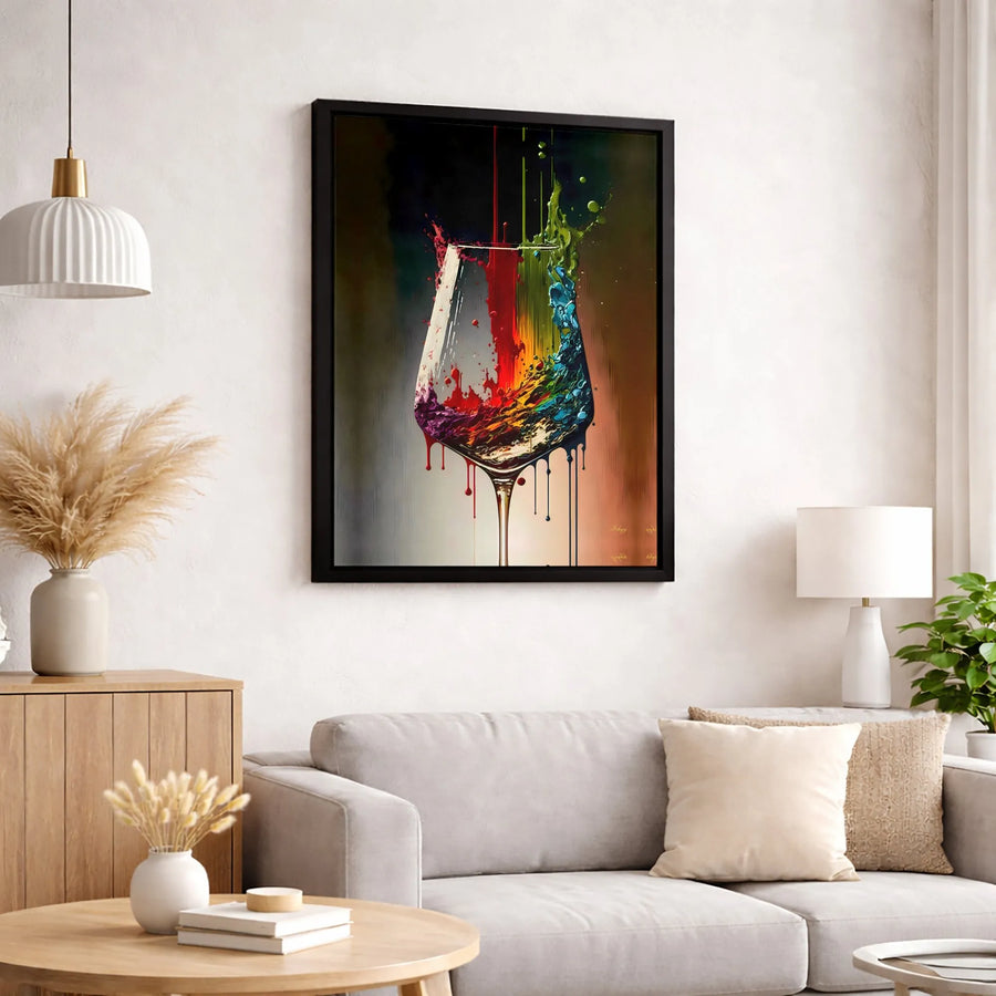 Colorful Wine Glass Canvas Print | Abstract Rainbow Paint Splatter Art | Premium 1.25" Gallery Wrapped Wall Decor | Modern Kitchen & Bar Gift