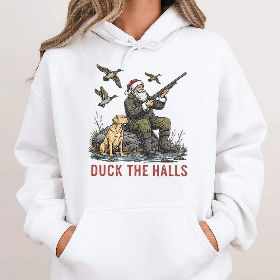 Duck The Halls Christmas Hoodie | Santa Duck Hunting With Labrador Design | Premium Cotton Blend | Funny Holiday Gift For Outdoorsmen