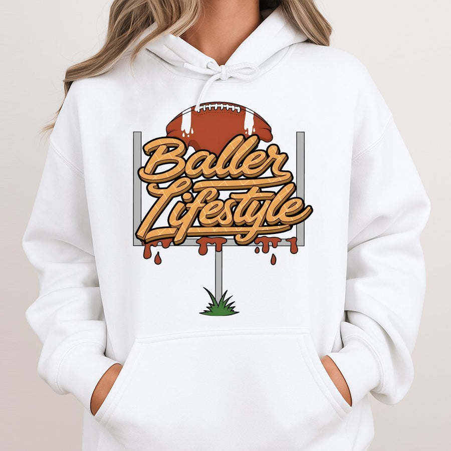 Baller Lifestyle Football Hoodie | Drip Goal Post Graphic | Premium Cotton Blend | Unisex Sports Fan Gift for Teens and Adults
