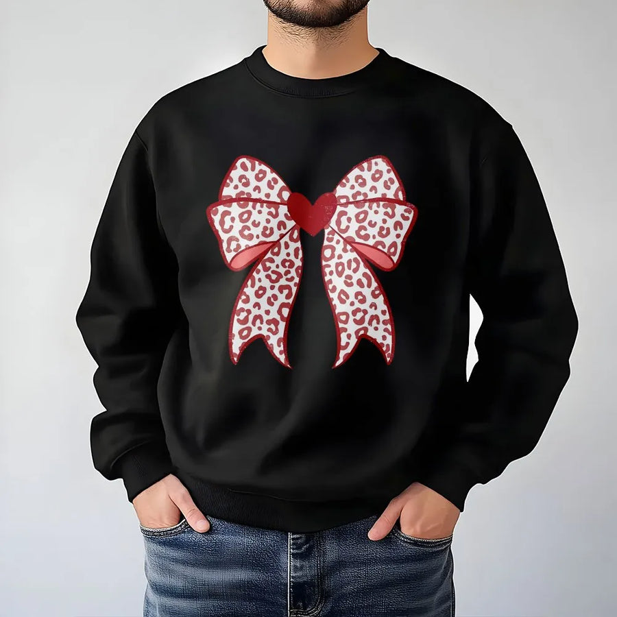 Leopard Print Heart Bow Sweatshirt | Valentine Red Aesthetic Graphic | Premium Cotton Blend | Romantic Gift for Her