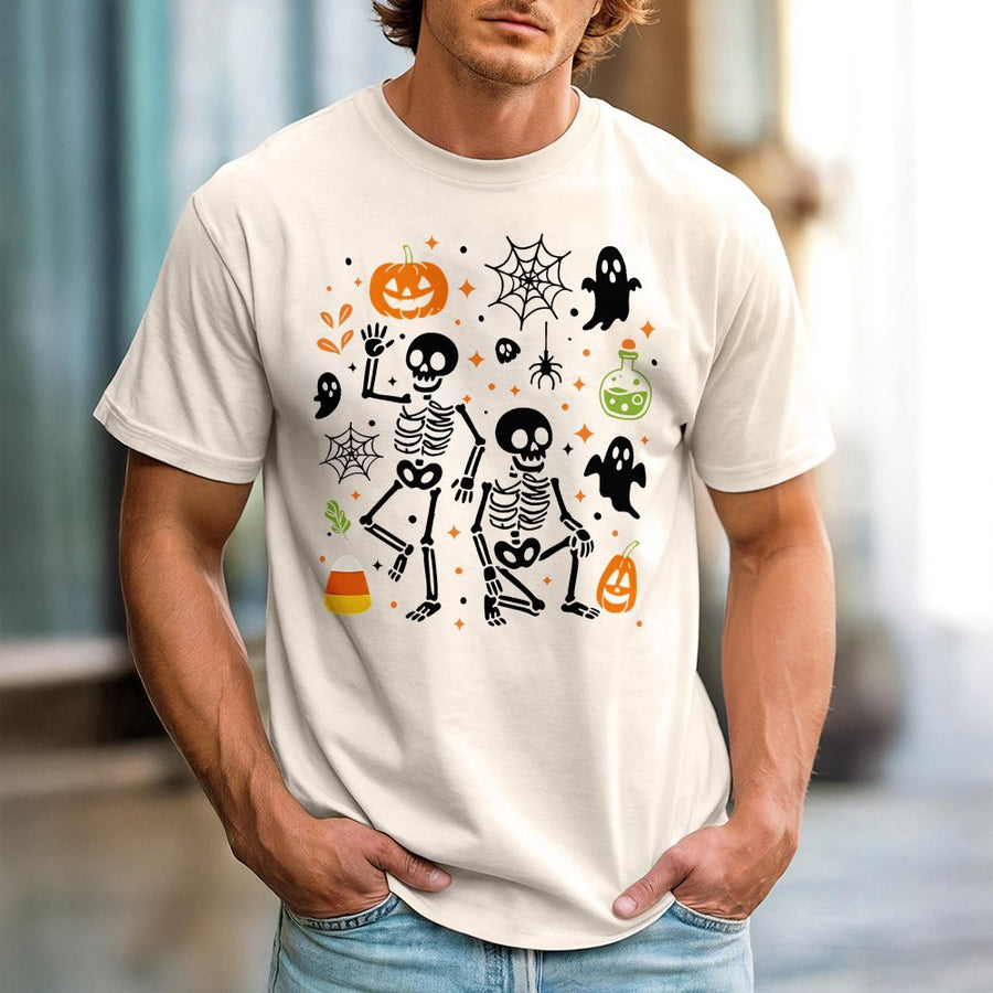 Skeleton Halloween T-Shirt | Spooky Ghost and Pumpkin Graphic | Premium 100% Cotton | Funny Fall Gift for Adults