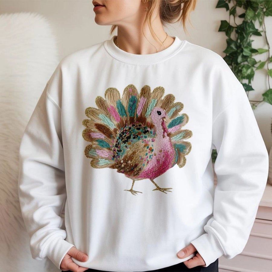 Turkey Thanksgiving Sweatshirt | Artistic Faux Yarn Bird Graphic | Premium Soft Cotton Blend | Festive Fall Apparel Gift for Men and Women