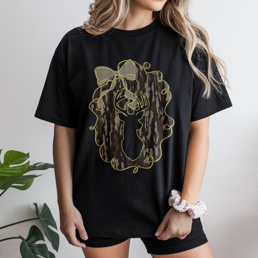 Deer Camo Bow T-Shirt | Preppy Coquette Aesthetic Graphic | 100% Cotton Premium Tee | Cute Fall Hunting Gift For Women