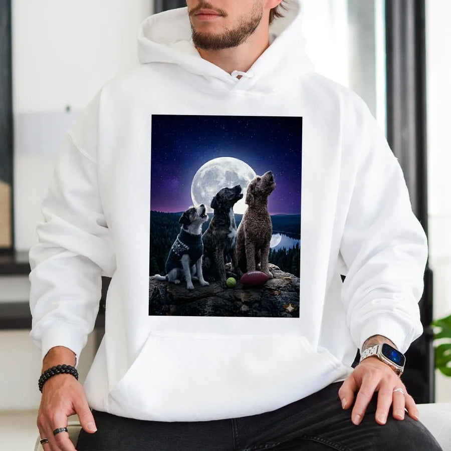 Three Dogs Howling at Moon Hoodie | Funny Wolf Parody Graphic Tee | Premium Cotton Shirt | Gift for Dog Lover