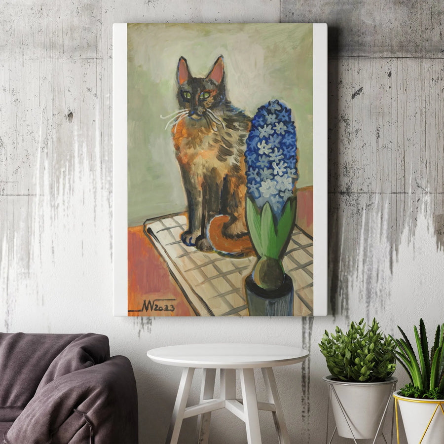 Tortoiseshell Cat Painting Vertical Canvas | Painterly Pet Portrait with Blue Hyacinth | Premium Gallery Wrapped Canvas | Collector's Gift for Cat Mom & Home Decor