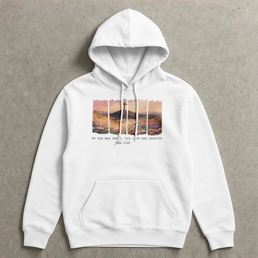 Christian Hoodie John 3 16 | Floral Cross Landscape with Bible Verse | Premium Cotton-Blend Sweatshirt | Faith Based Easter Gift for Men and Women