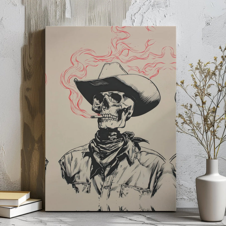 Smoking Cowboy Skull Canvas Wall Art | Western Gothic Sketch Print | Premium 1.25-Inch Gallery Wrap | Edgy Home Decor For Bar & Man Cave