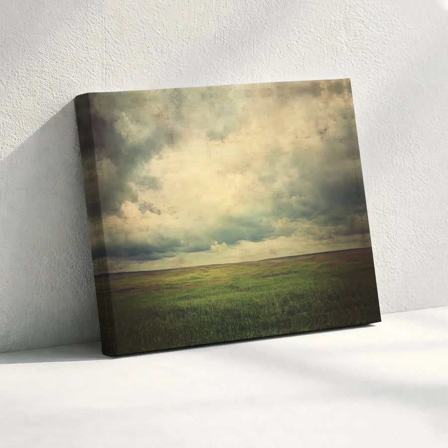 Moody Landscape Wall Art | Stormy Sky Over Grassy Field Canvas | Premium Gallery Wrapped Print | Nature Inspired Modern Home Decor