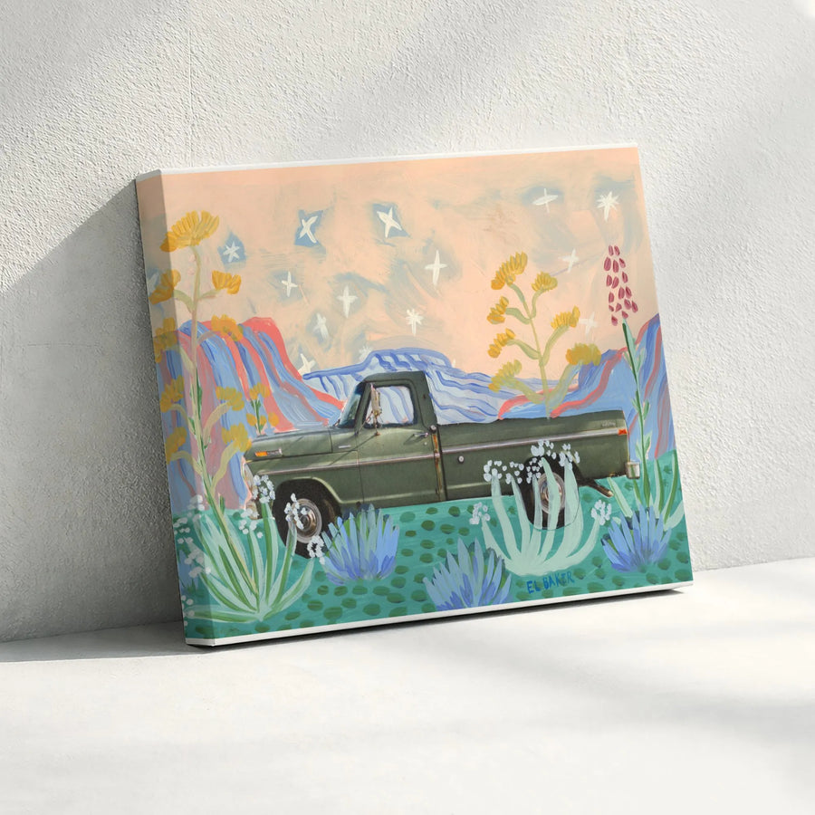 Vintage Truck Canvas Wall Art | Pastel Desert Botanical Scene | Premium Gallery Quality Canvas | Southwestern Boho Home Decor Gift