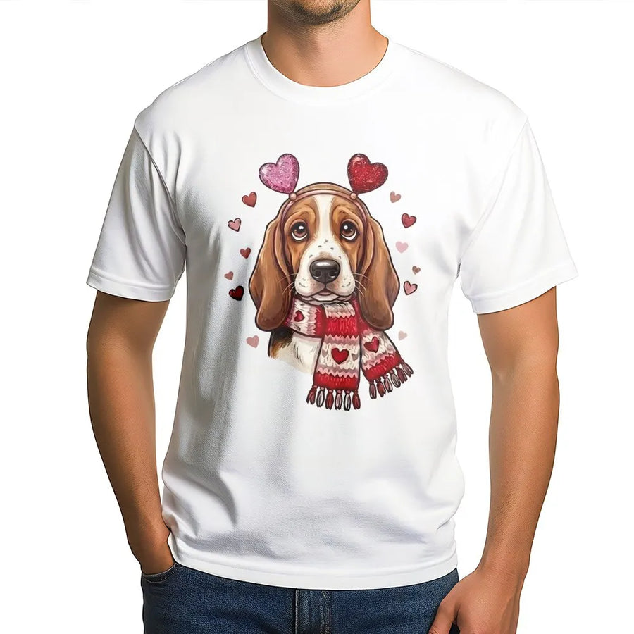 Basset Hound Valentine T-Shirt | Cute Dog With Hearts Scarf Graphic | Premium 100% Cotton Tee | Gift for Dog Moms and Animal Lovers