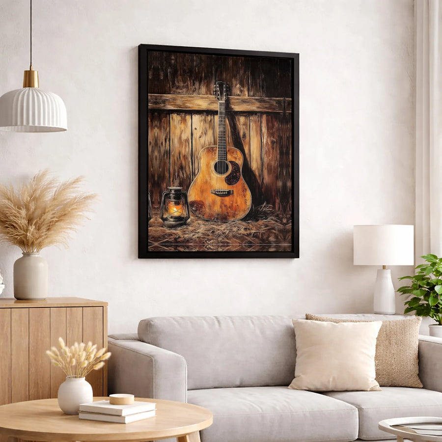Rustic Acoustic Guitar Canvas Art | Vintage Barn Lantern Wall Decor | Premium Gallery Wrap Print | Music Lover Gift Home Interior