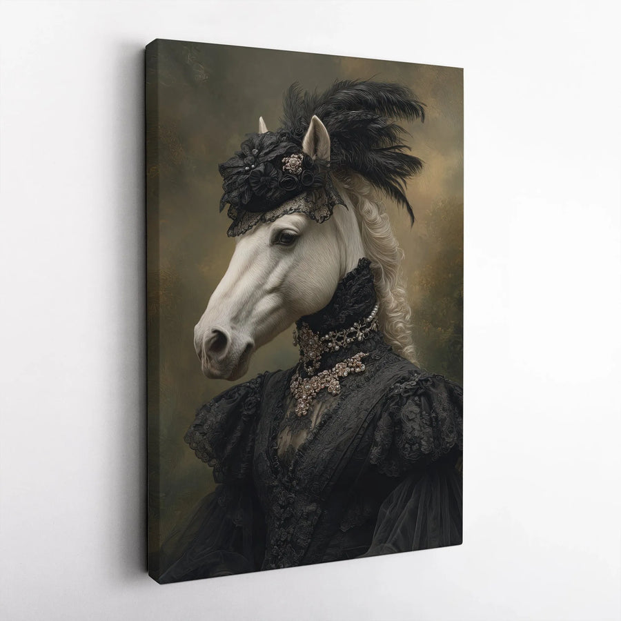 Victorian Horse Portrait Canvas Print | Anthropomorphic White Horse in Black Gothic Gown | Premium Gallery Wrapped Canvas | Collector's Gift for Dark Academia Home Decor
