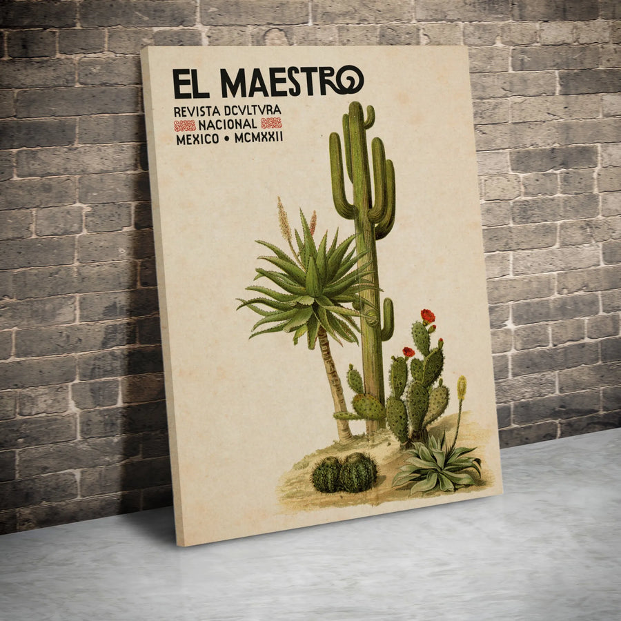 Vintage Mexico Botanical Canvas Art | El Maestro Cactus Illustration | Premium Fade-Resistant Gallery Wrap | Southwestern Home Decor Gift