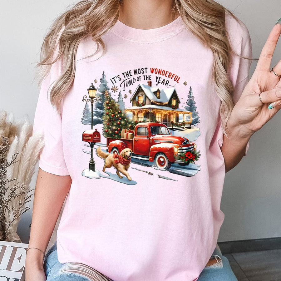 Christmas Red Truck T-Shirt | Golden Retriever Winter Scene | 100% Cotton Premium Tee | Holiday Gift for Dog Lovers & Farmhouse Decor Fans