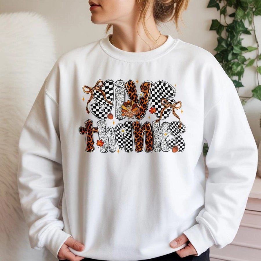 Give Thanks Thanksgiving Sweatshirt | Leopard Print Fall Graphic | Premium Cotton Blend Cozy Crewneck | Trendy Autumn Holiday Gift For Women Men