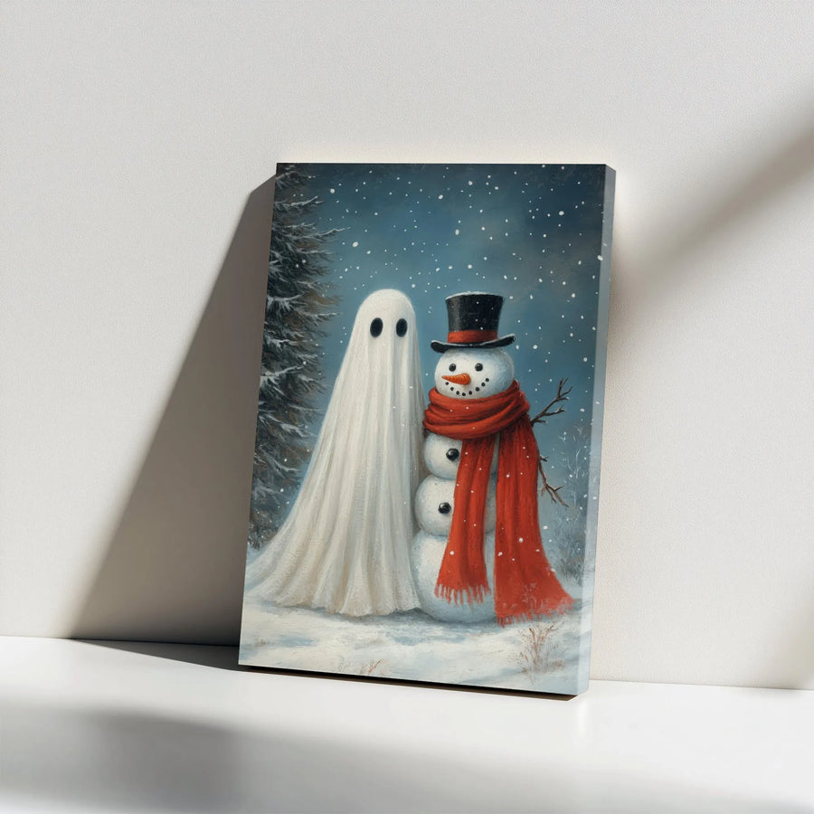Ghost and Snowman Canvas Wall Art | Spooky Christmas Winter Scene | Premium Gallery Wrap Print | Whimsical Holiday Home Decor Gift