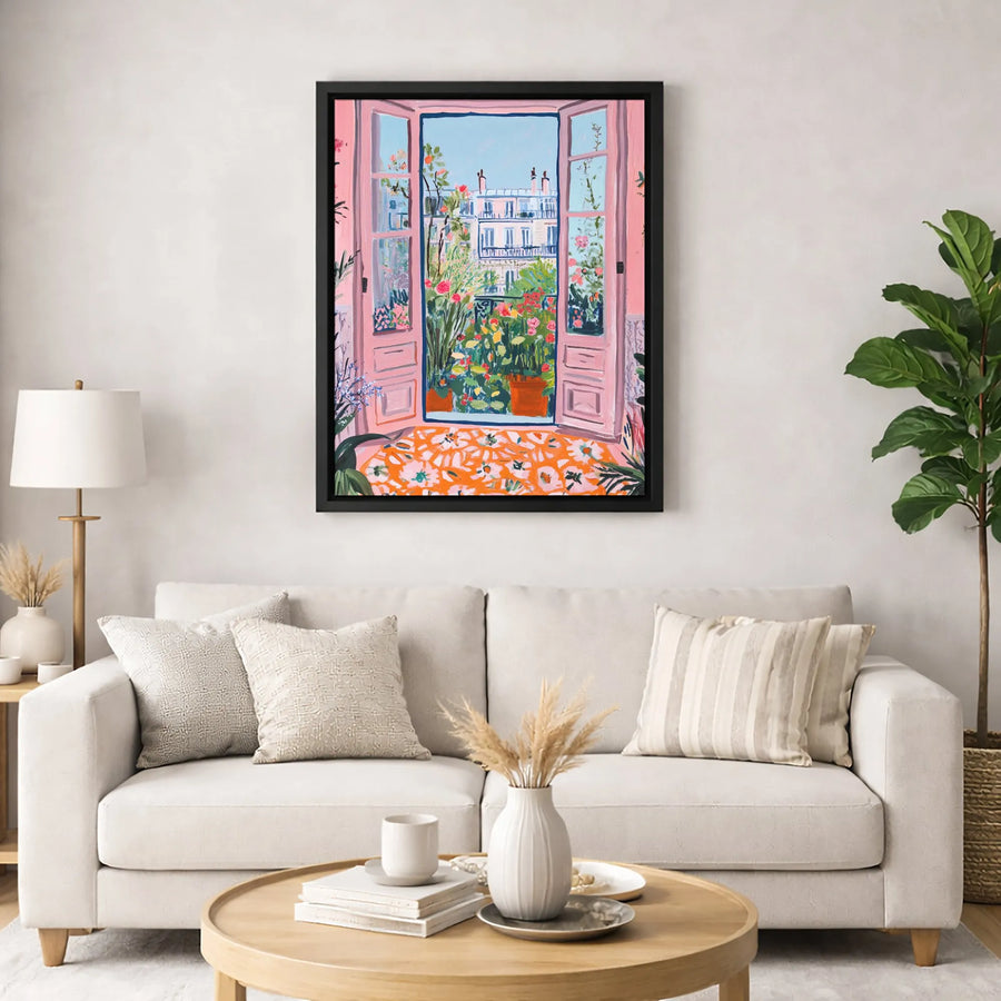 Parisian Balcony Canvas Wall Art | Pink Window Garden View Print | Gallery-Quality 1.25" Profile | Romantic Home Decor Gift