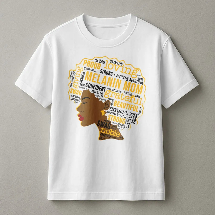 Melanin Mom Afro Art T-Shirt | Empowering Black Mother Typography Design | Premium Soft Cotton Tee | Meaningful Birthday Gift for Mom