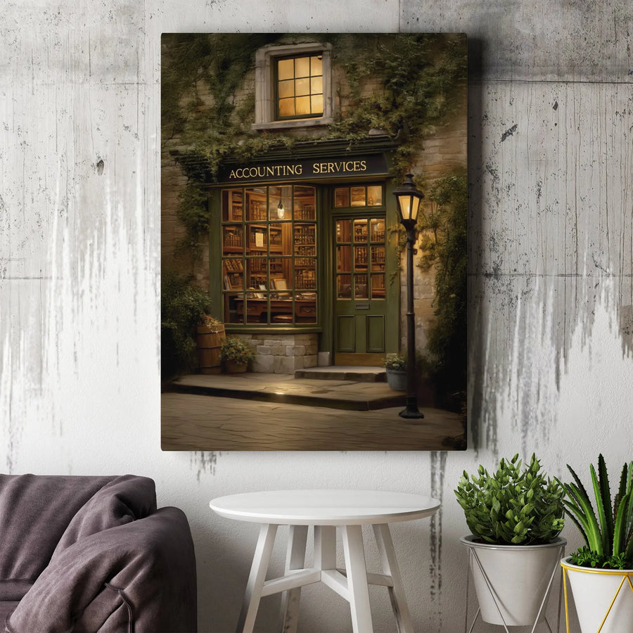 Accounting Office Wall Art | Vintage Bookstore Style Storefront | Gallery Wrapped Canvas | Premium CPA Gift for Accountant or Home Office