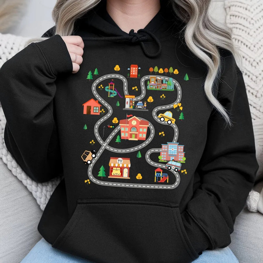 Car Track Dad Hoodie | Interactive Play Mat Design | Premium Cotton Blend | Funny Father's Day 2026 Gift for New Dad