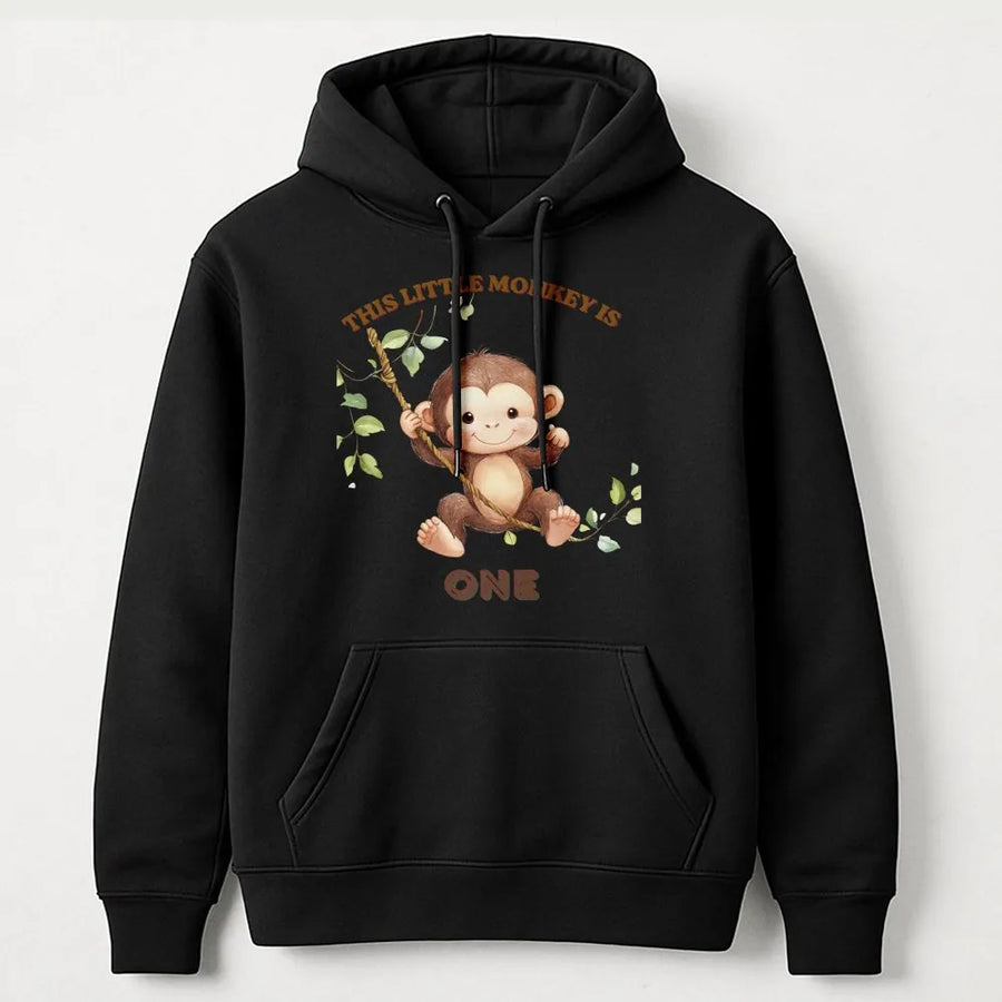 Monkey 1st Birthday Hoodie | This Little Monkey Is One Graphic | Soft Cotton Blend Pullover | Mom's First Birthday Party Gift