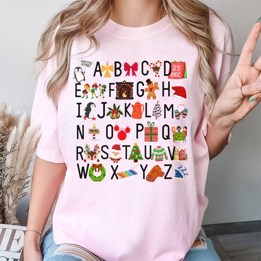 Christmas Alphabet T-Shirt | Holiday Graphic ABC Design | 100% Cotton Premium Tee | Cute Teacher Holiday Gift for Educators & School Staff