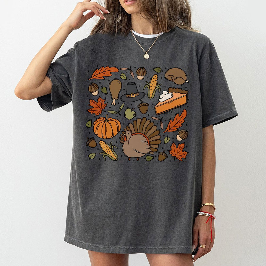 Thanksgiving Graphic T-Shirt | Retro Turkey Doodle Print | Soft 100% Cotton Premium Tee | Cute Fall Outfit Gift for Women and Men
