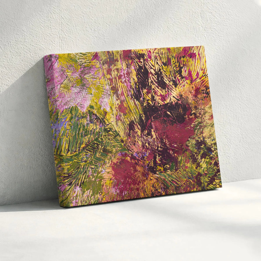 Abstract Canvas Wall Art | Textured Modern Palette Knife Painting | Premium Gallery Wrap Print | Vibrant Pink Yellow and Green Home Decor Gift