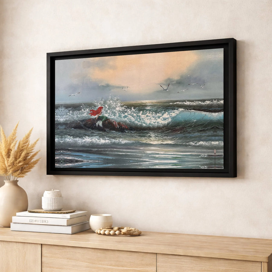 Mermaid Coastal Wall Art | Stormy Ocean Landscape Oil Painting Style | Gallery Wrapped Premium Canvas | Nautical Home Decor Gift for Her