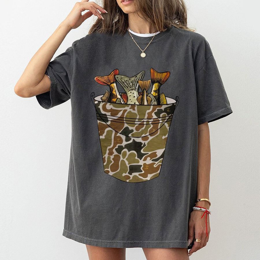 Fishing Bucket T-Shirt | Camo Print Graphic Design | 100% Soft Cotton Tee | Outdoors Lover Gift For Men And Women