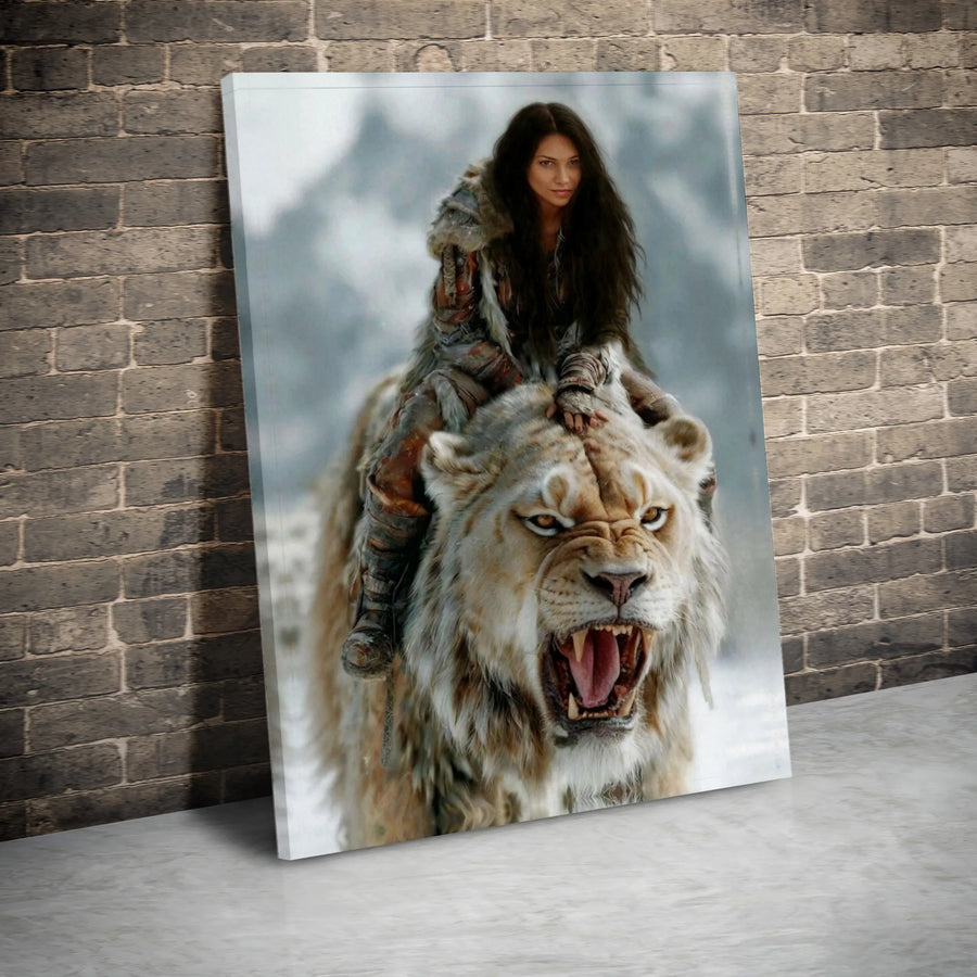 Fantasy Warrior Woman Riding Lion Canvas Print | Snow Mountain Guardian Illustration | Premium 1.25-Inch Gallery Wrap | Mythical Home Office Decor Gift