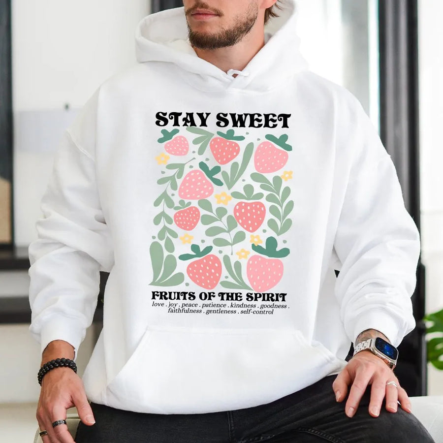 Fruits of the Spirit Hoodie | Boho Strawberry Bible Verse Design | Premium Cotton-Blend | Christian Gift for Women, Retro Jesus Apparel