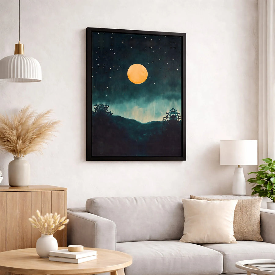 Full Moon Night Landscape Canvas | Minimalist Starry Night Wall Art | Premium Gallery-Wrap 1.25" Profile | Modern Home & Bedroom Decor Gift