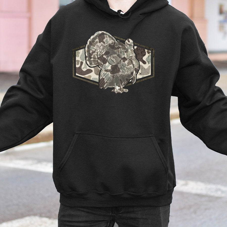 Turkey Hunting Hoodie | Vintage Camo Wild Turkey Graphic Design | Premium Cotton Blend | Gift for Outdoorsmen and Hunters