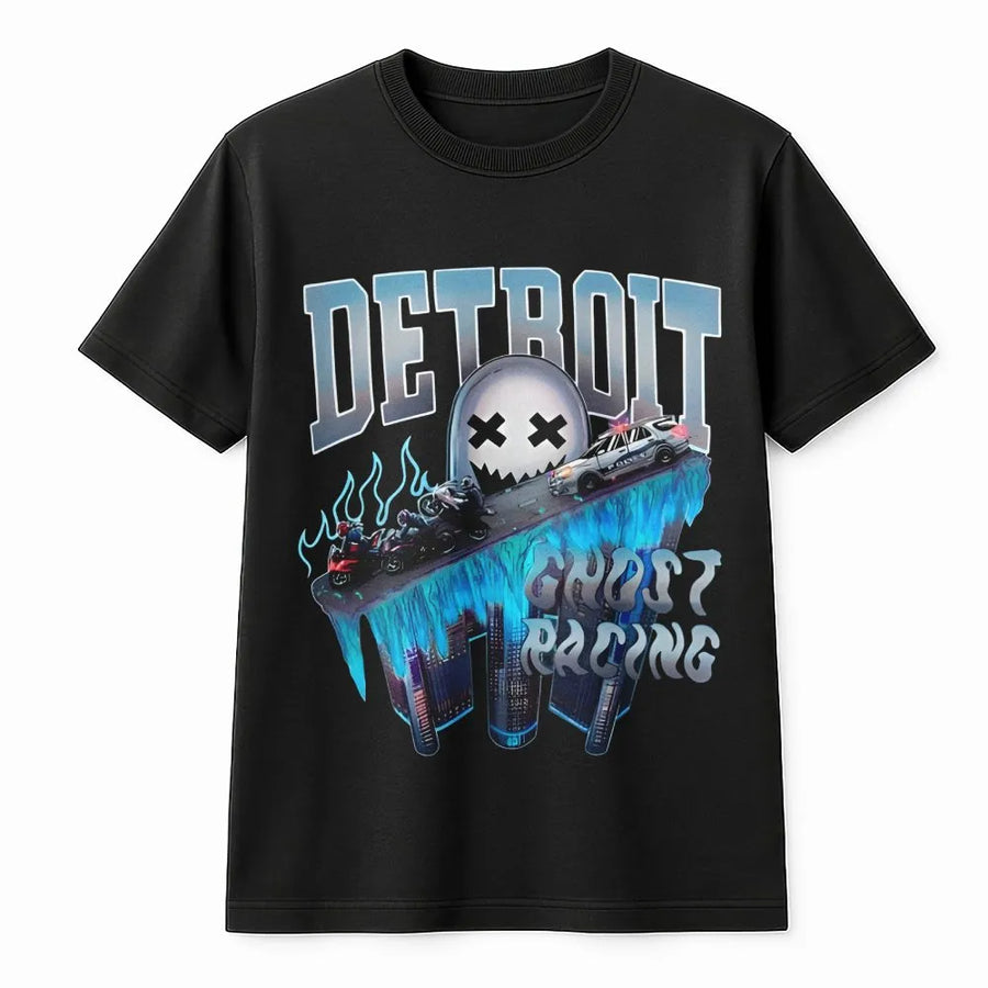 Detroit Ghost Racing T-Shirt | Edgy Streetwear Motorcycle Graphic | Premium Cotton Street Style | Gift For Biker Street Racing Enthusiast