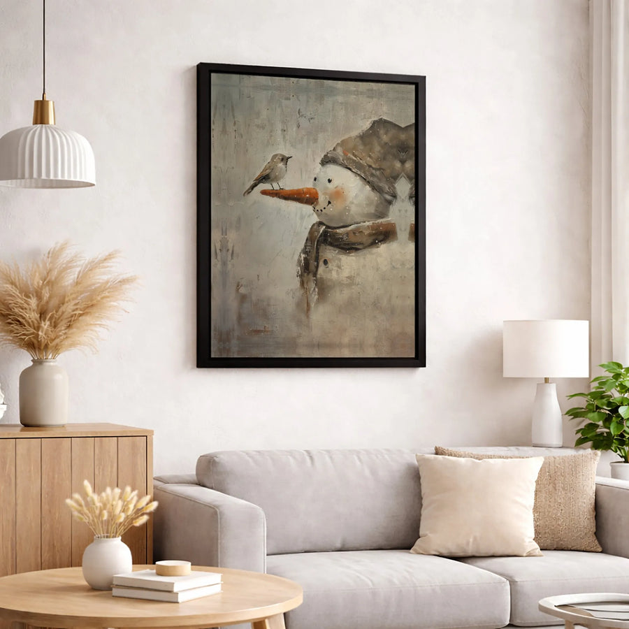Rustic Snowman Canvas Wall Art | Whimsical Winter Bird Painting | Premium Gallery-Wrapped Print | Cozy Farmhouse Holiday Home Decor Gift