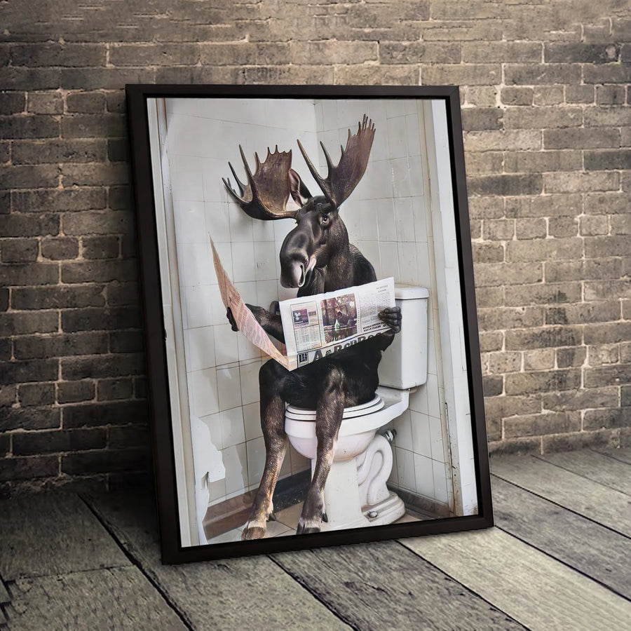 Funny Moose Bathroom Wall Art | Quirky Animal Reading Newspaper Print | Premium Gallery Wrapped Canvas | Humorous Home Decor Gift