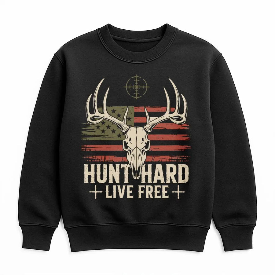 Hunt Hard Live Free Sweatshirt | Vintage Deer Skull American Flag Graphic | Premium Cotton Blend | Patriotic Hunting Gift for Outdoorsmen