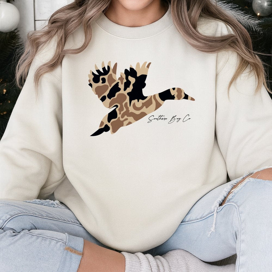 Duck Hunting Sweatshirt | Camo Flying Duck Graphic Design | Premium Cotton-Blend Crewneck | Country Style Gift for Men and Women