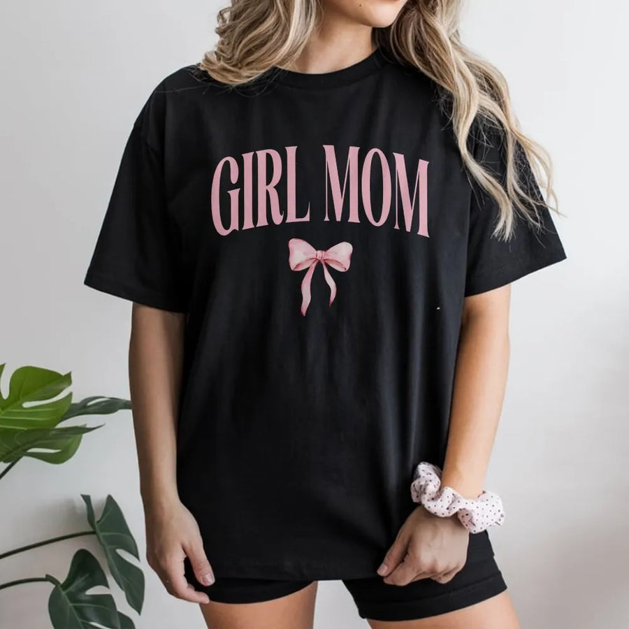 Girl Mom T-Shirt | Coquette Aesthetic Pink Bow Graphic Tee | Soft Cotton Classic Fit | Mother's Day Gift for New Mama