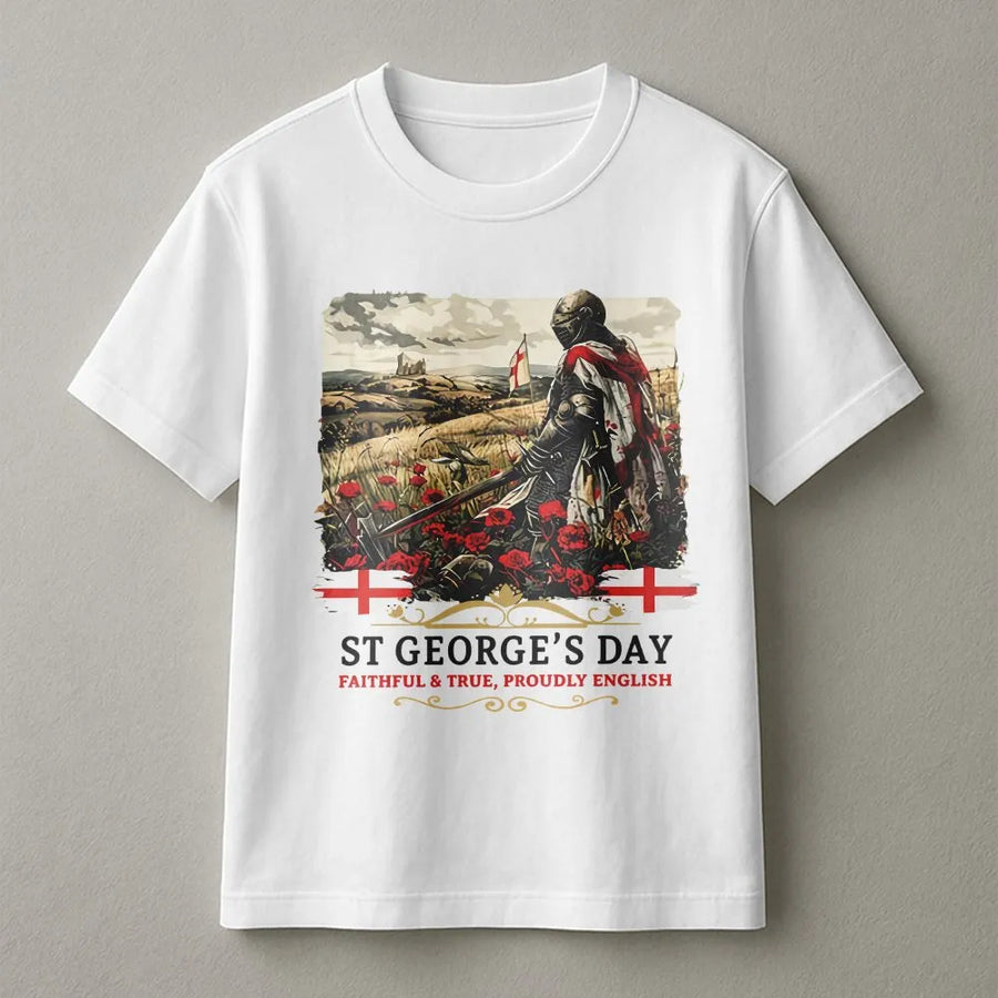 St George's Day T-Shirt | Knight In Armour Graphic Design | 100% Cotton Premium Tee | English Pride Apparel Gift For Him