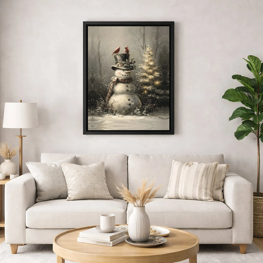 Vintage Snowman Canvas Wall Art | Red Cardinal Christmas Tree Decor | Premium Gallery Wrap Print | Festive Holiday Home Decor Gift