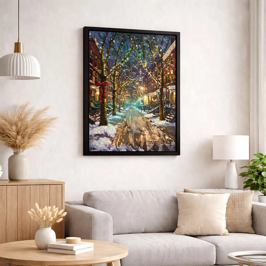 Snowy City Street Canvas Art | Impressionist Christmas Lights Wall Decor | Premium 1.25 Inch Gallery Wrap | Winter Holiday Home Gift