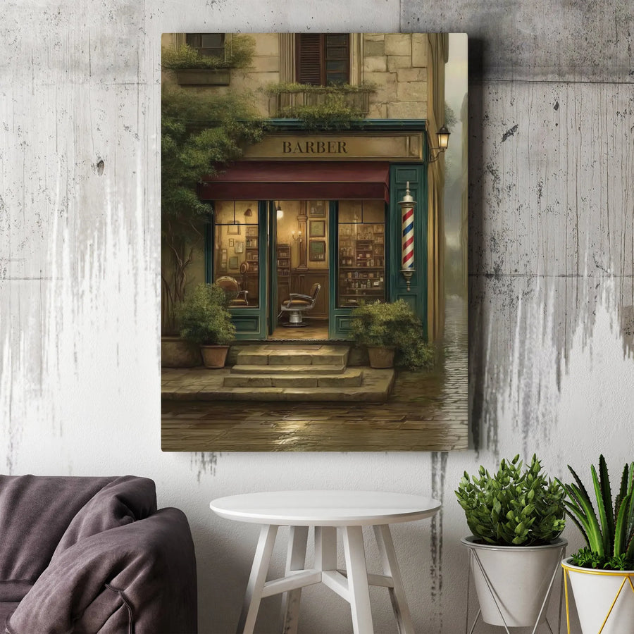Vintage Barber Shop Canvas Wall Art | European Street Style Storefront Painting | Premium Gallery Wrap Print | Perfect Gift for Barbershop Decor