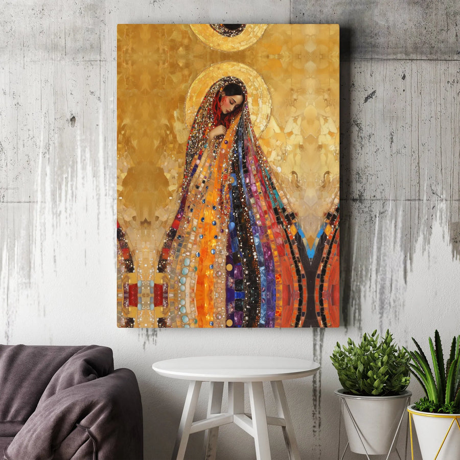 Gold Mosaic Portrait Wall Art | Abstract Woman with Jeweled Cloak | Gallery Wrap Canvas | Premium Home Decor Gift