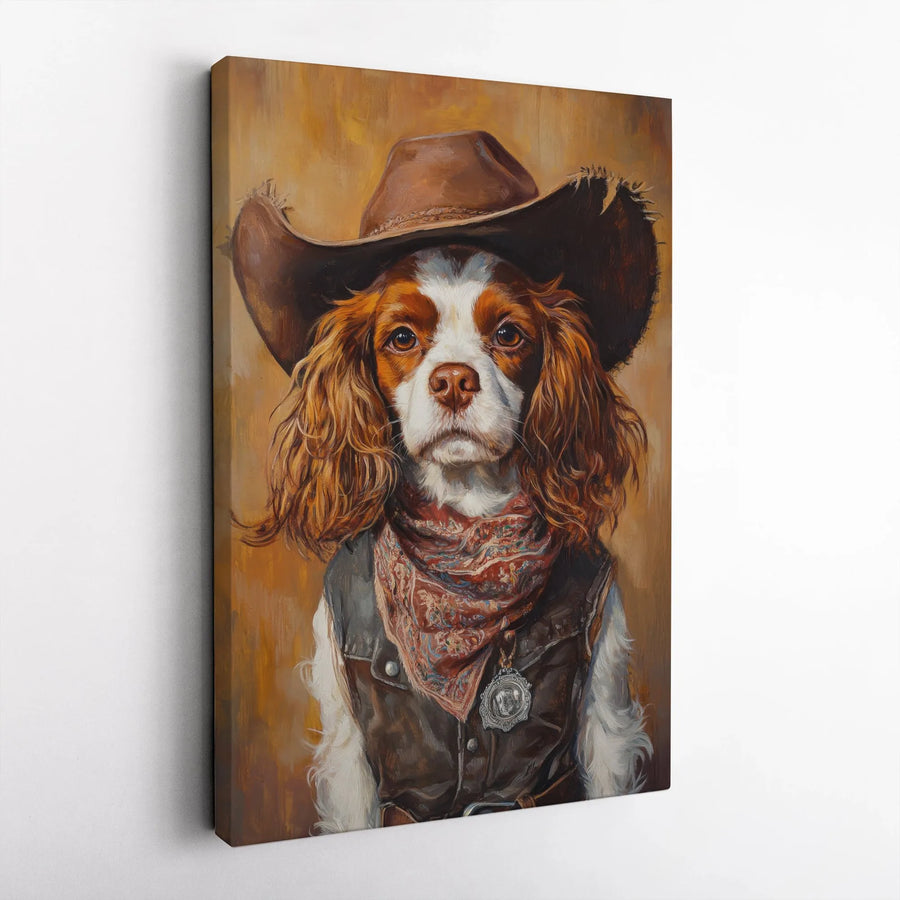 Cavalier King Charles Spaniel Wall Art | Cowboy Dog Portrait With Hat | Premium Gallery Wrap Canvas | Unique Pet Lover Gift For Home Decor
